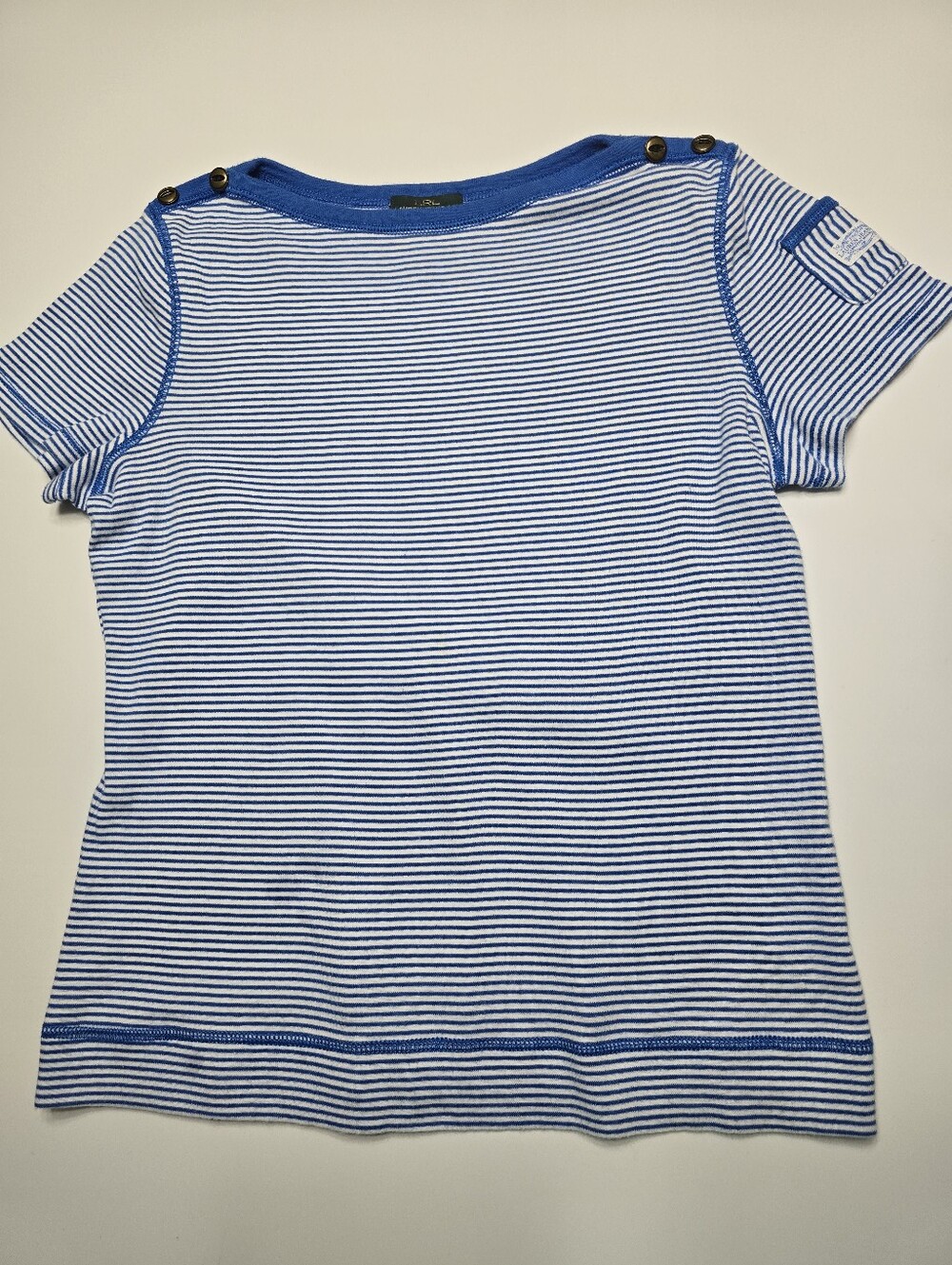 Striped Blue & White Boatneck Buttons On Sholders Short-Sleeve Top